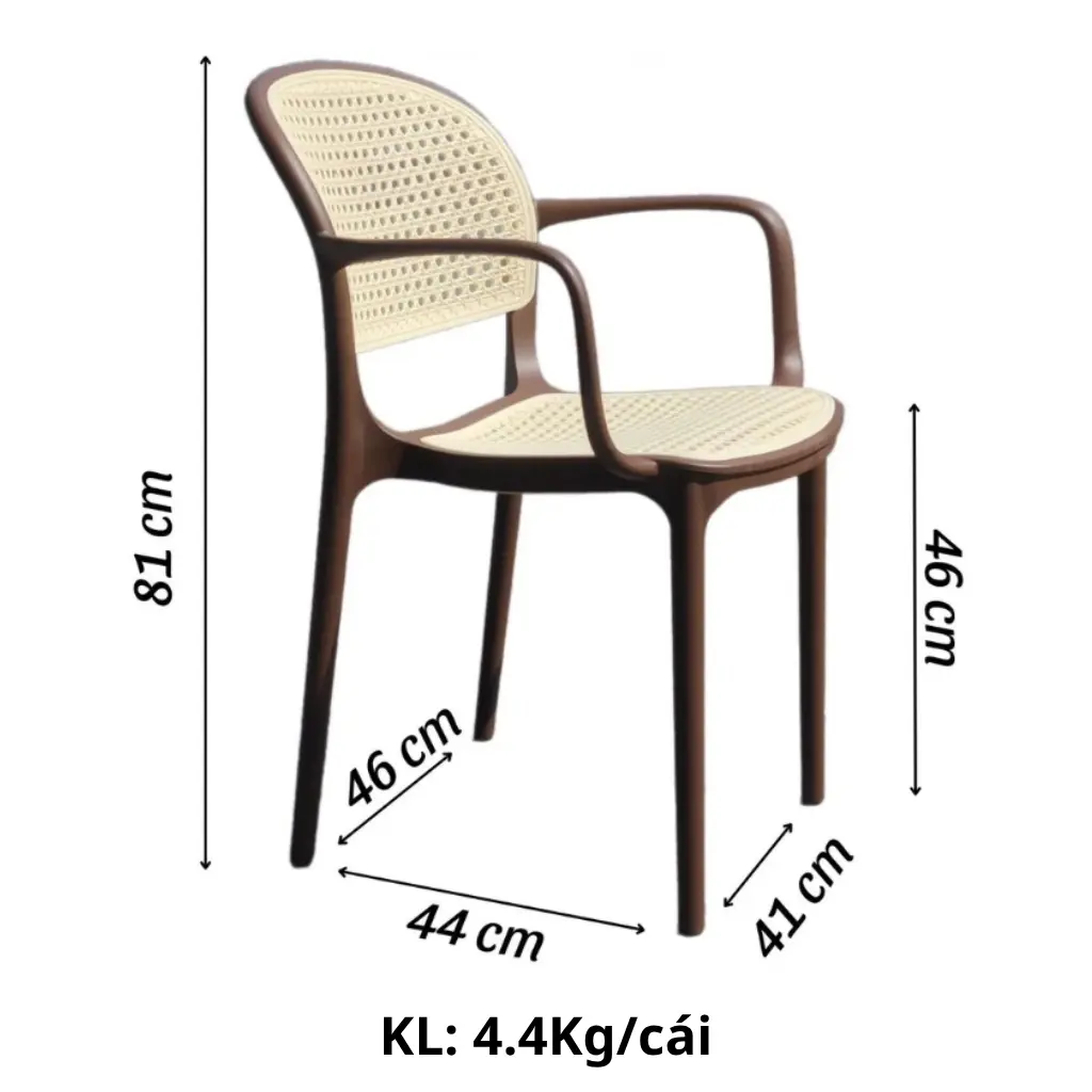 Kích thước ghế nhựa đúc giả mây có tay vịn TM09